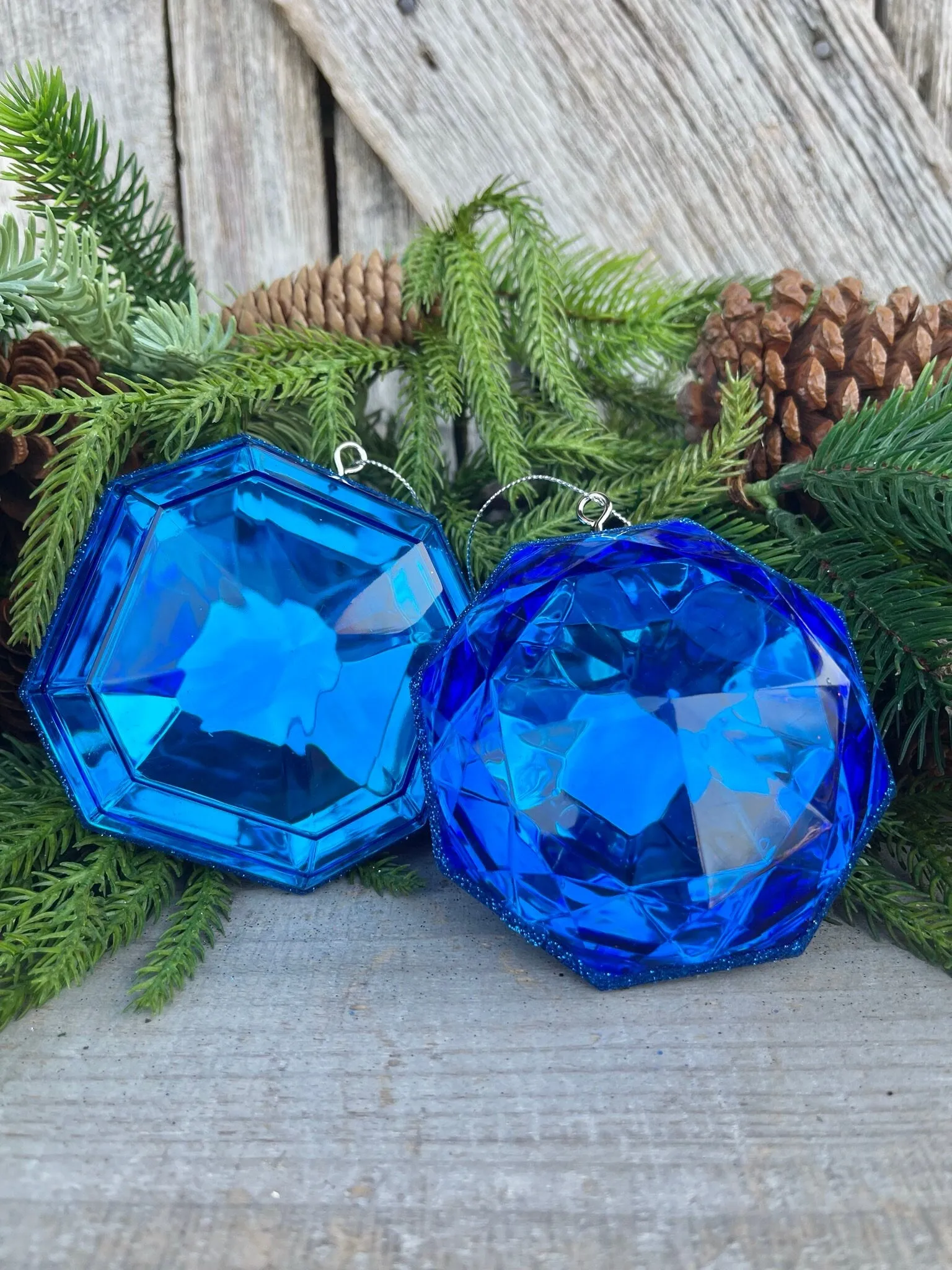 Set of 2 5" Blue Saphire Jewel Ornament, Jewel Oramnet