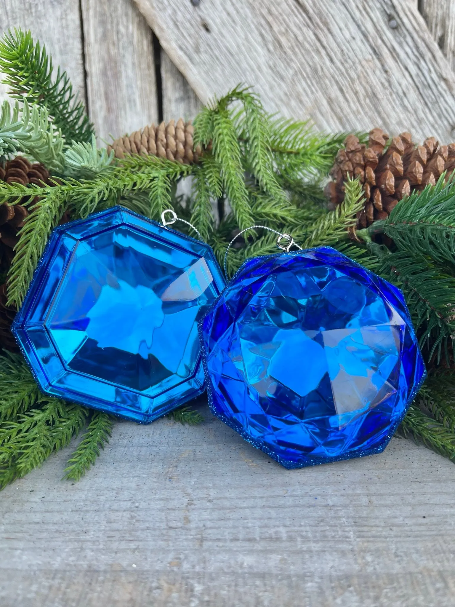 Set of 2 5" Blue Saphire Jewel Ornament, Jewel Oramnet