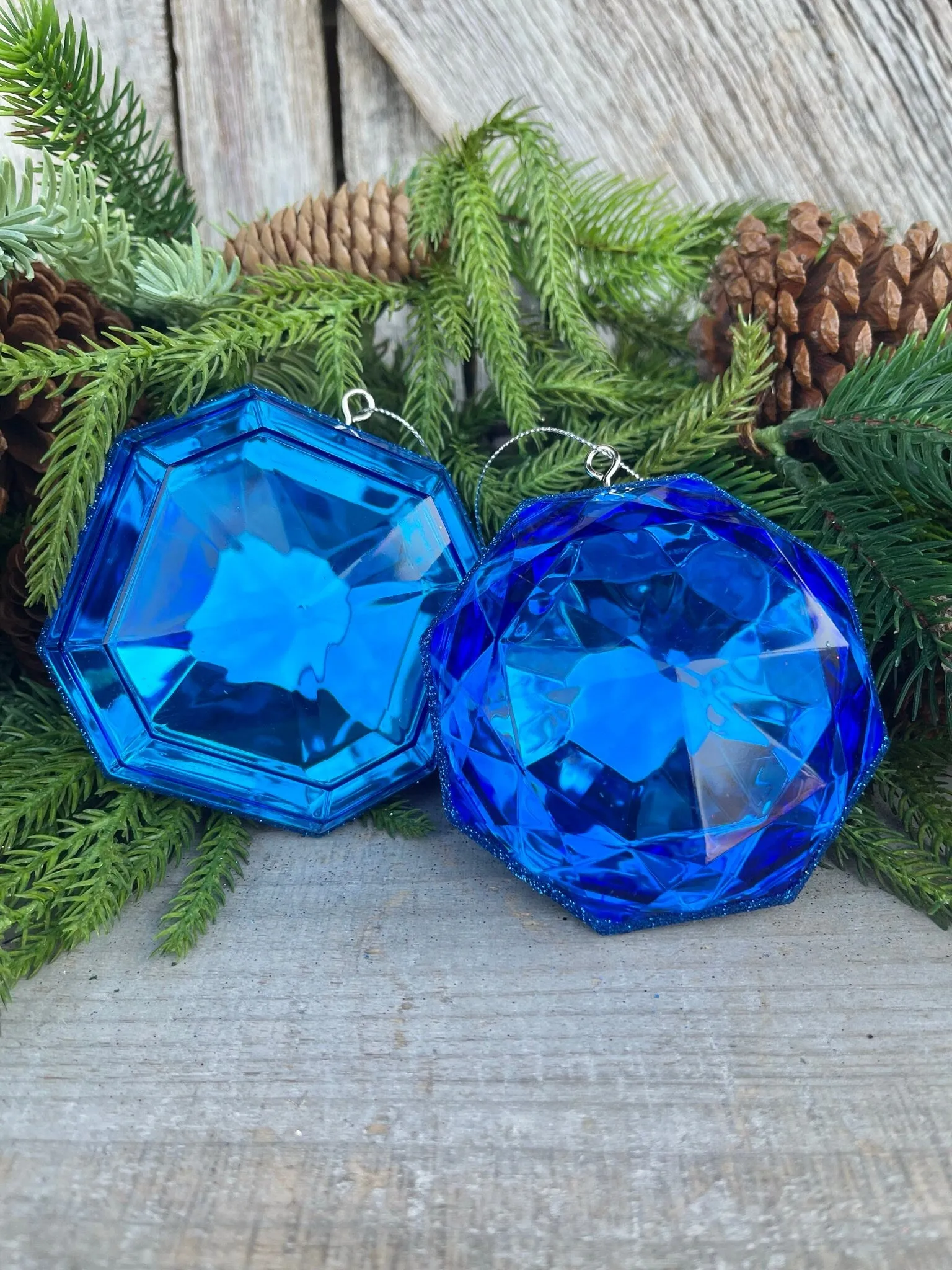 Set of 2 5" Blue Saphire Jewel Ornament, Jewel Oramnet