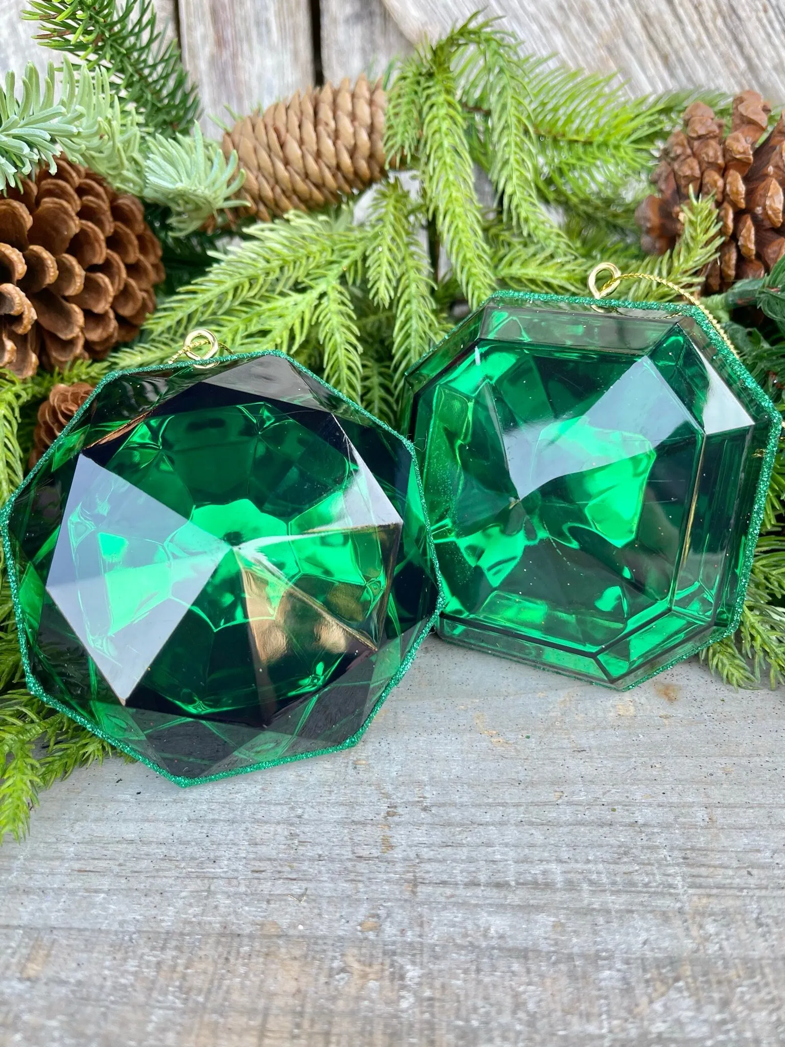 Set of 2 5" Emerald Green Jewel Ornament, Jewel Oramnet