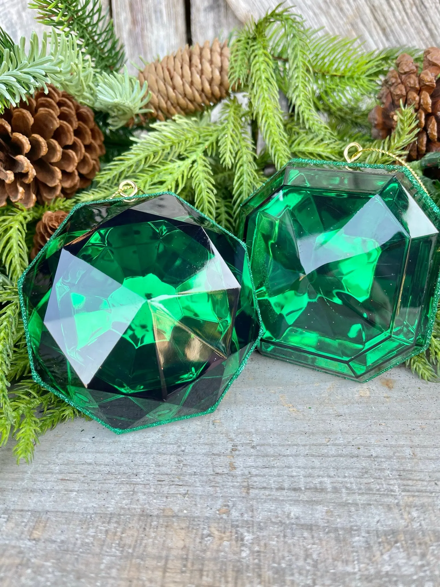 Set of 2 5" Emerald Green Jewel Ornament, Jewel Oramnet