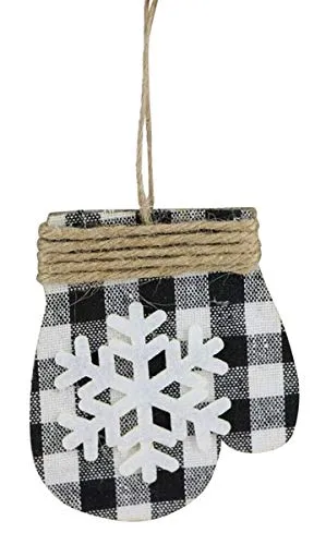 Set of 6 Mitten Buffalo Plaid Snowflake Ornaments (Black, White)