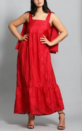 Sister Jane Tiered Maxi Dress In Red Jacquard With Bow Straps