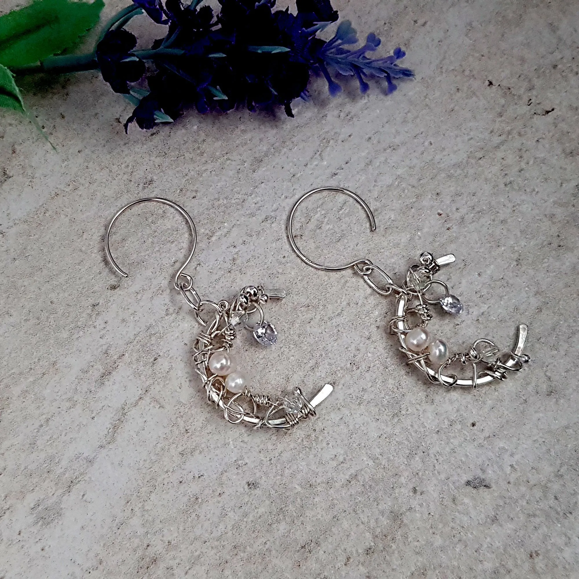 Sterling Silver Crescent Moon Sparkling Earrings