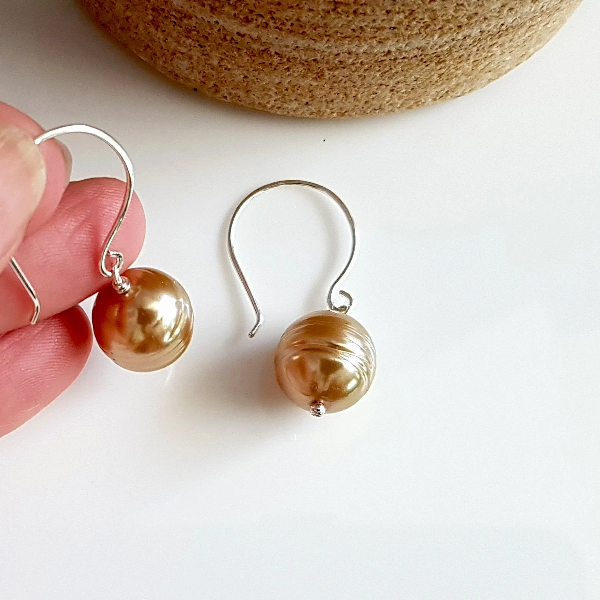 Sterling Silver Pearl Drop Earrings - Champagne Gold Pearl | KJ-420E