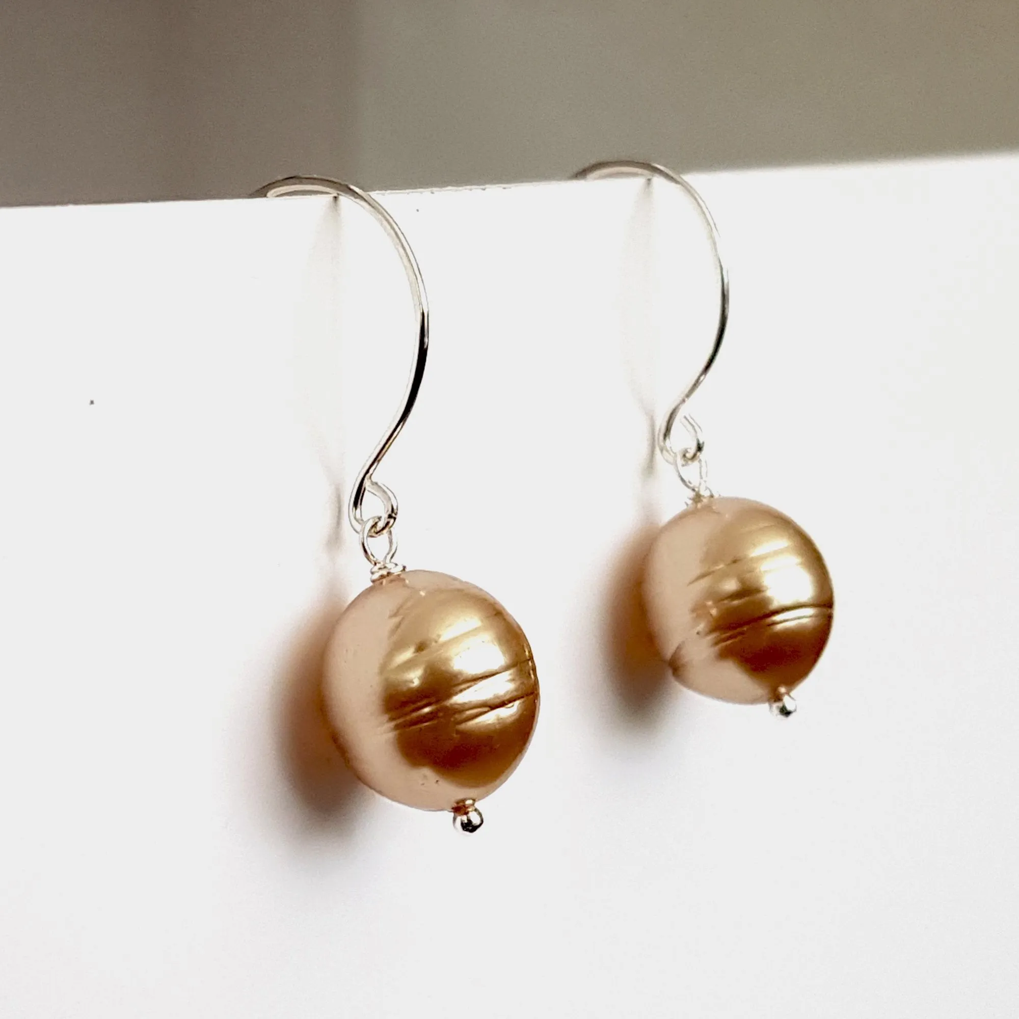 Sterling Silver Pearl Drop Earrings - Champagne Gold Pearl | KJ-420E