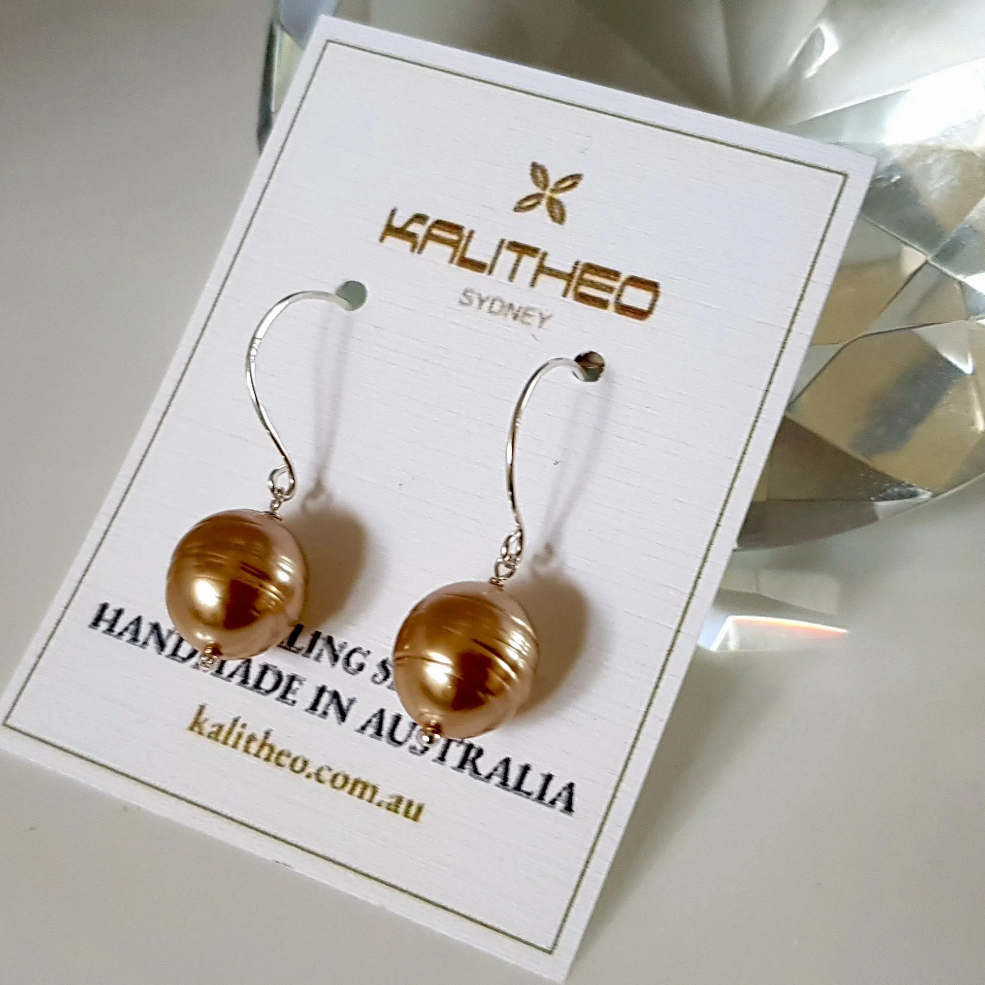 Sterling Silver Pearl Drop Earrings - Champagne Gold Pearl | KJ-420E