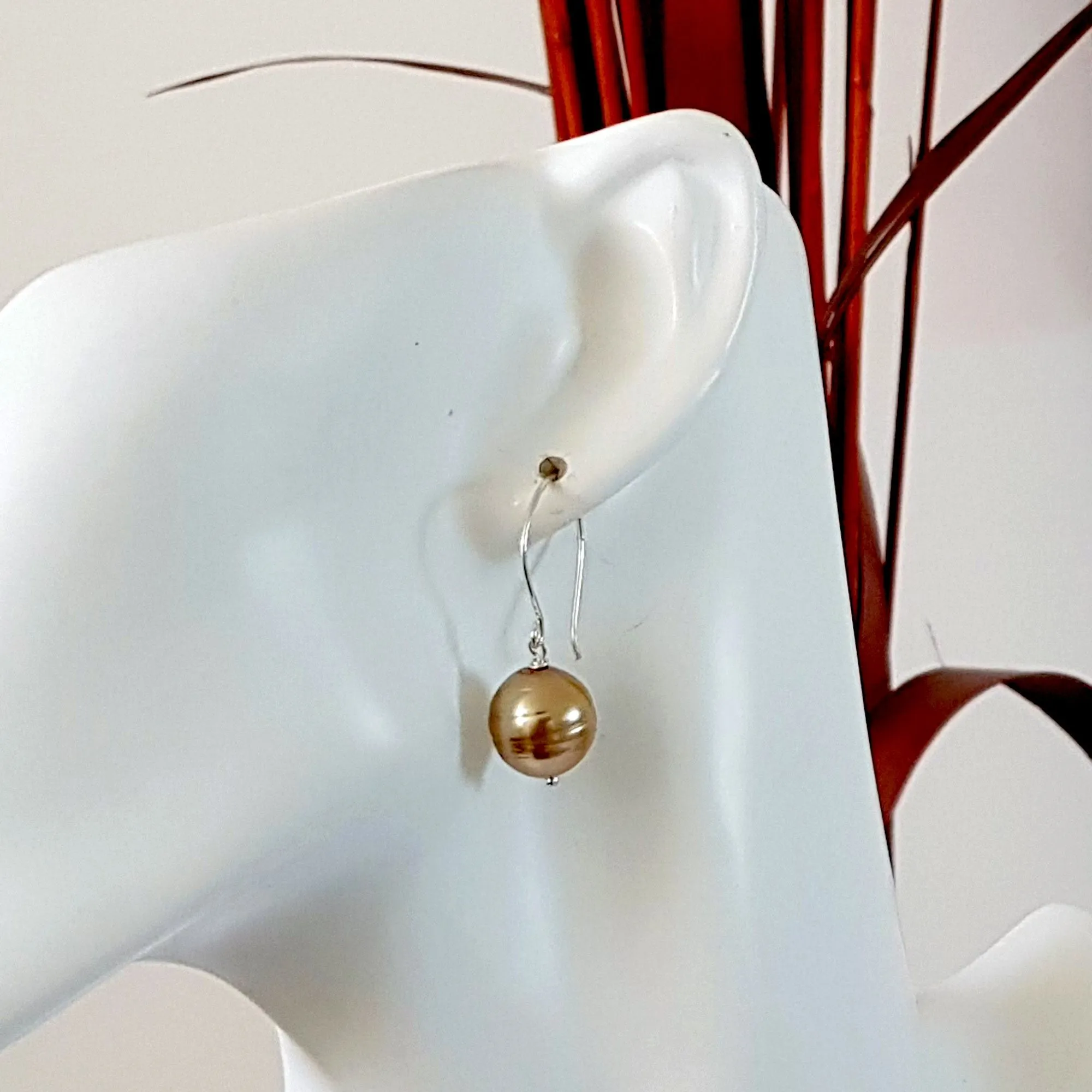 Sterling Silver Pearl Drop Earrings - Champagne Gold Pearl | KJ-420E