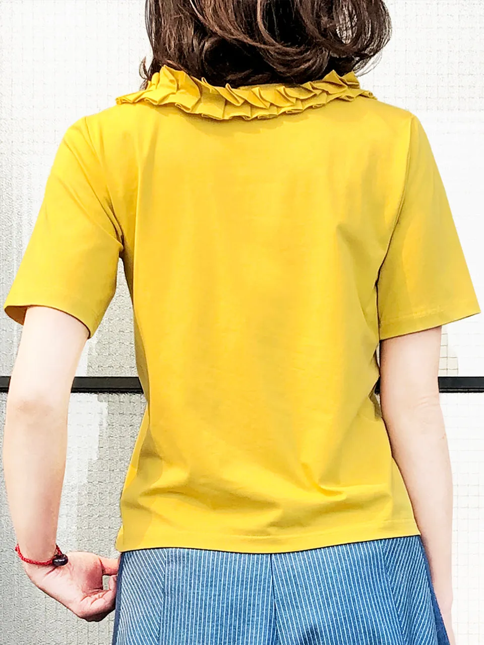 Surprise Sale! Yellow Pleated Ruffle Collar Short Sleeves Cotton Blend Tee