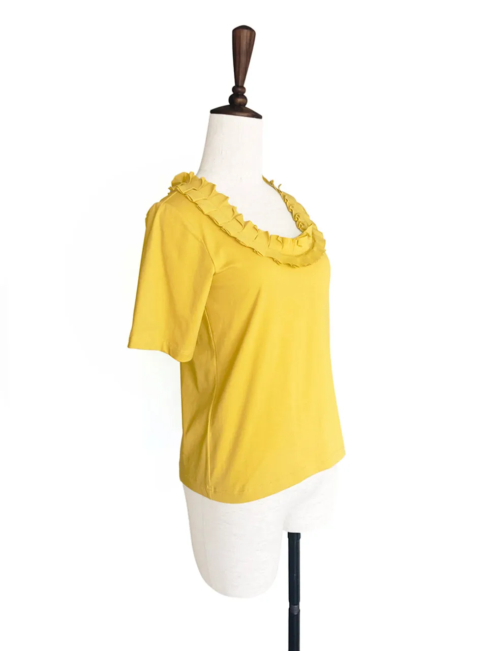 Surprise Sale! Yellow Pleated Ruffle Collar Short Sleeves Cotton Blend Tee