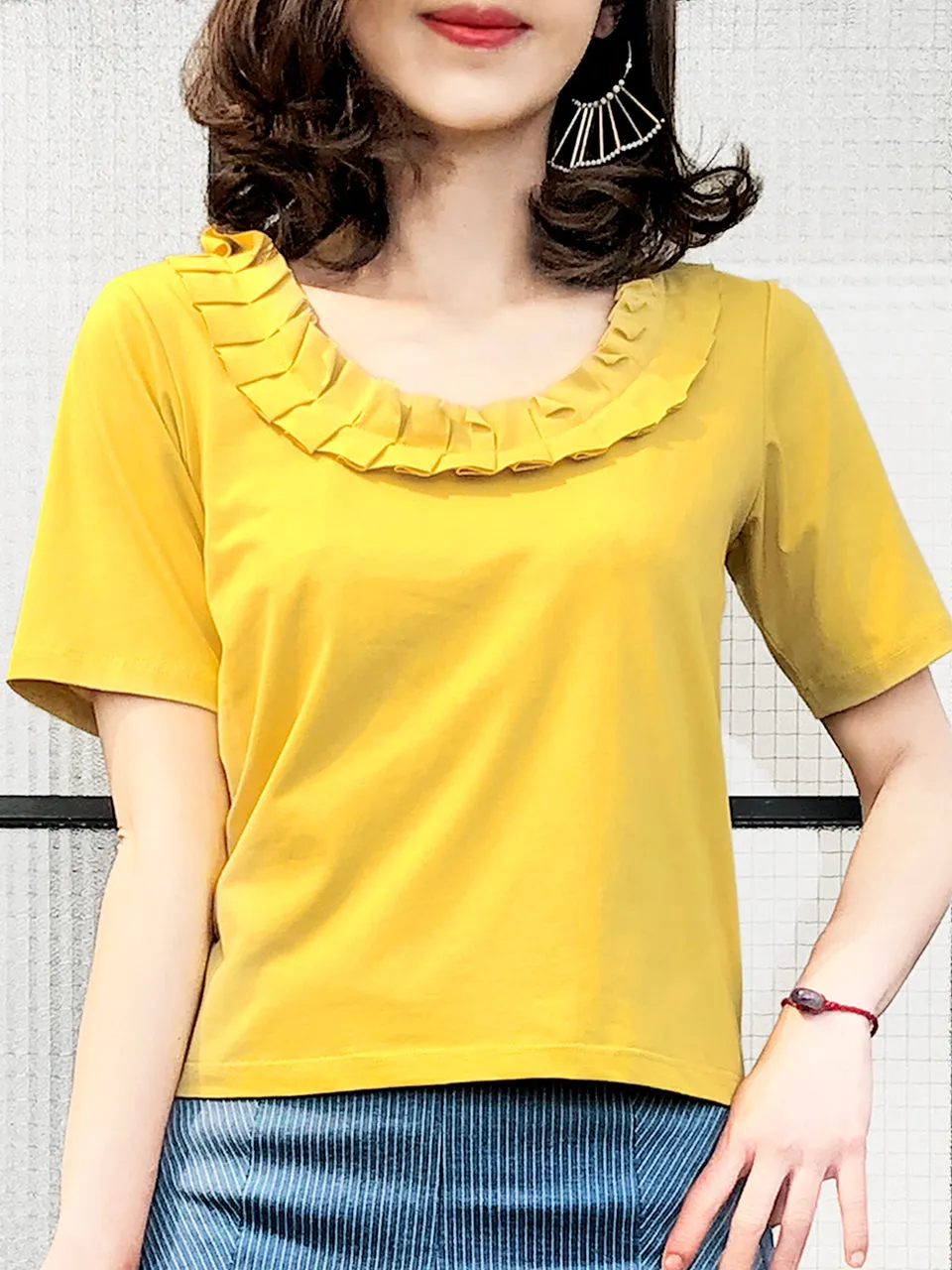 Surprise Sale! Yellow Pleated Ruffle Collar Short Sleeves Cotton Blend Tee