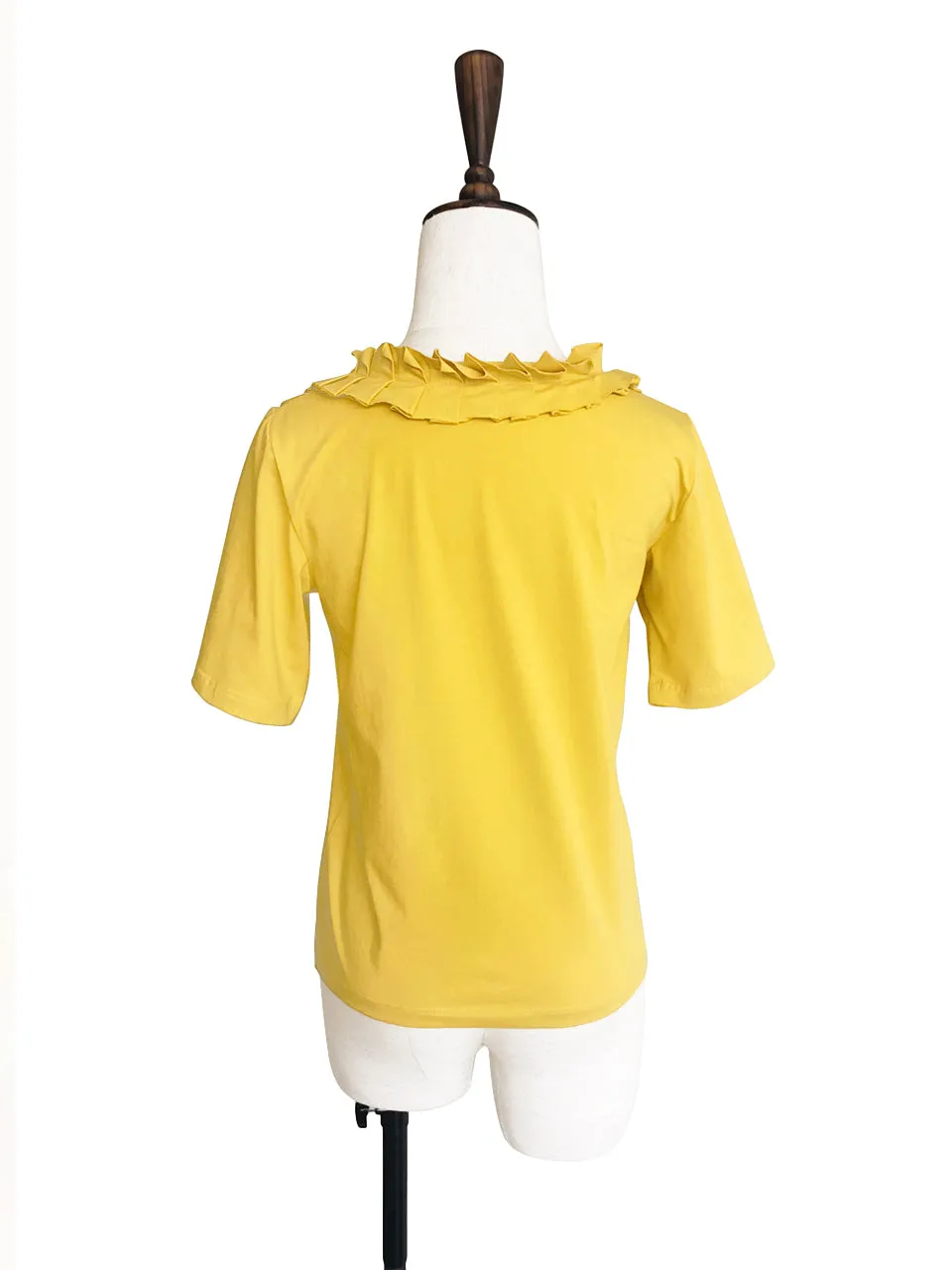 Surprise Sale! Yellow Pleated Ruffle Collar Short Sleeves Cotton Blend Tee