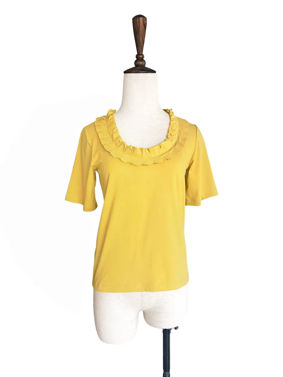 Surprise Sale! Yellow Pleated Ruffle Collar Short Sleeves Cotton Blend Tee