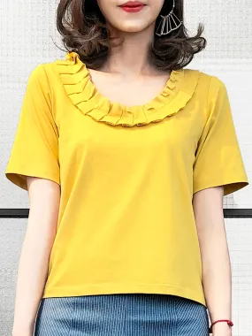 Surprise Sale! Yellow Pleated Ruffle Collar Short Sleeves Cotton Blend Tee