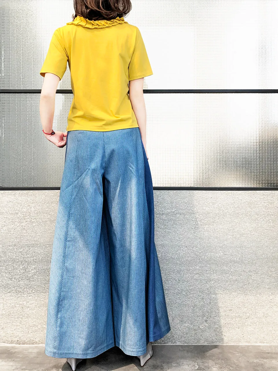 Surprise Sale! Yellow Pleated Ruffle Collar Short Sleeves Cotton Blend Tee