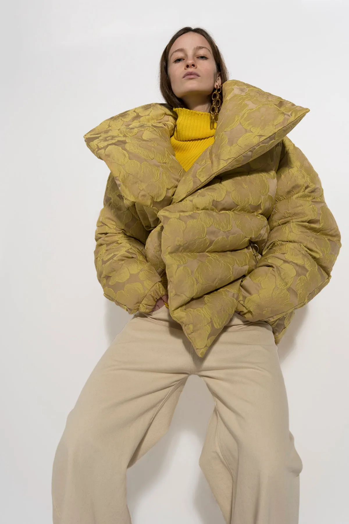 YELLOW BROCADE M'A PUFFER JACKET